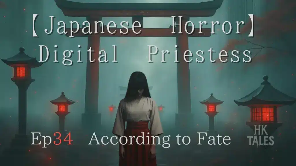 A shrine maiden in white and red stands beneath a glowing torii gate surrounded by lanterns — key visual for the horror series The Digital Priestess by Haunted Kaidan Tales.