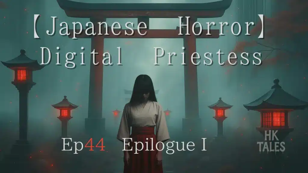 A shrine maiden in white and red stands beneath a glowing torii gate surrounded by lanterns — key visual for the horror series The Digital Priestess by Haunted Kaidan Tales.