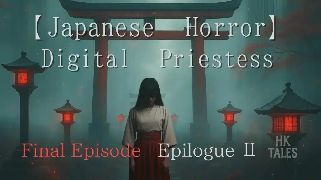 A shrine maiden in white and red stands beneath a glowing torii gate surrounded by lanterns — key visual for the horror series The Digital Priestess by Haunted Kaidan Tales.