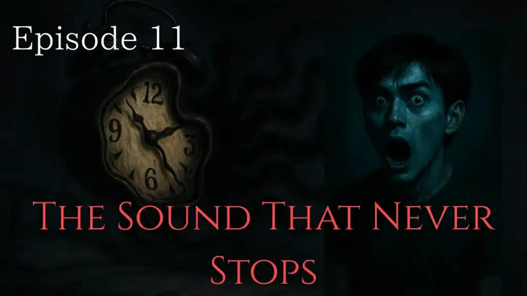 A distorted, melting alarm clock beside a terrified young man in a dimly lit room.