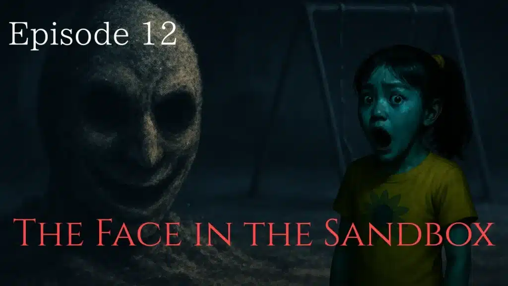 A terrified child staring at a giant, grinning sand face in a dark playground sandbox.