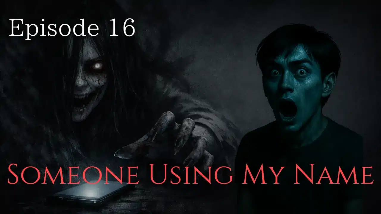 A terrified boy staring at a phone as a shadowy figure reaches out from the darkness, symbolizing a cursed account using his own name.