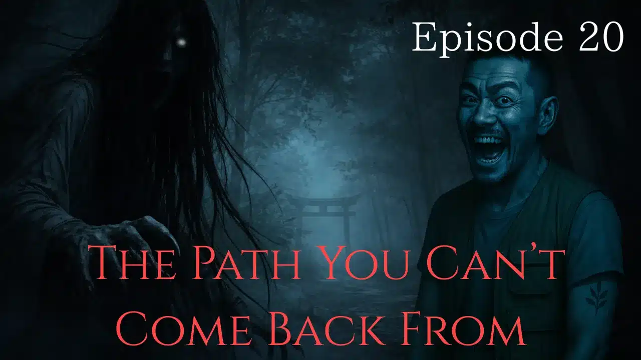 A shadowy figure lurking along a forest shrine path while a terrified man looks back in fear.