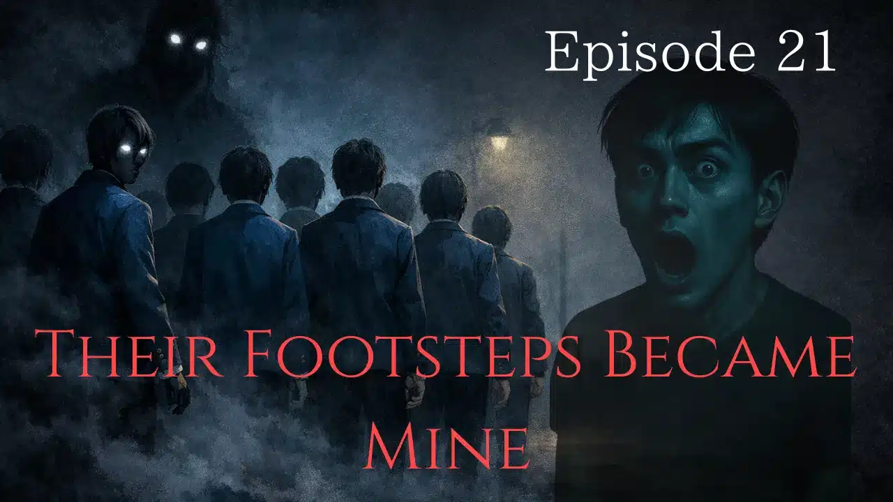 A group of students in blue uniforms walking into a dark street, while a terrified young man stares forward and shadowy figures watch from behind.