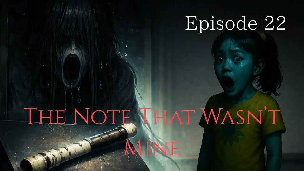 A dark music room with a recorder lying on a desk, while a terrified girl stares forward and a long-haired shadow looms behind her.