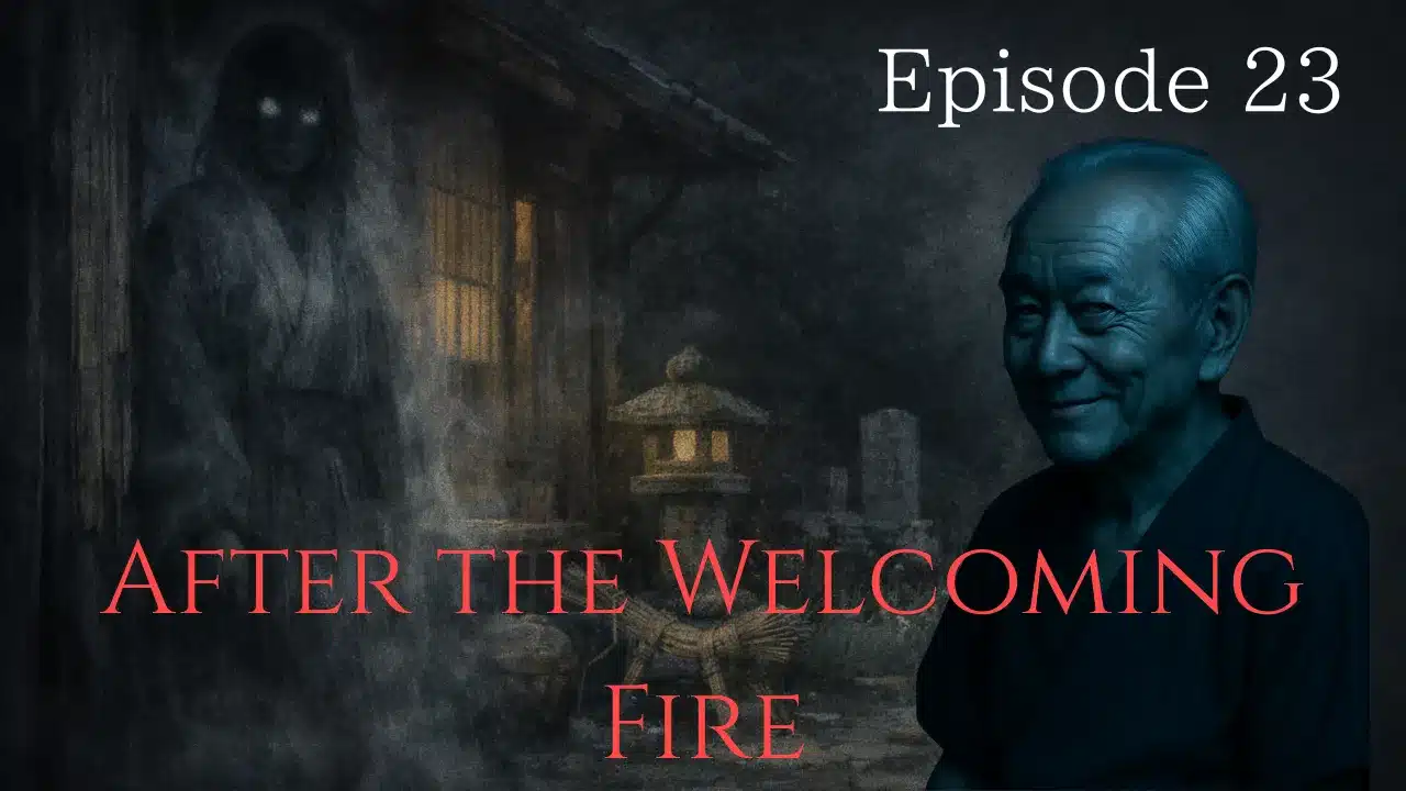 A ghostly figure standing near an old countryside house at night while an elderly storyteller looks on calmly.