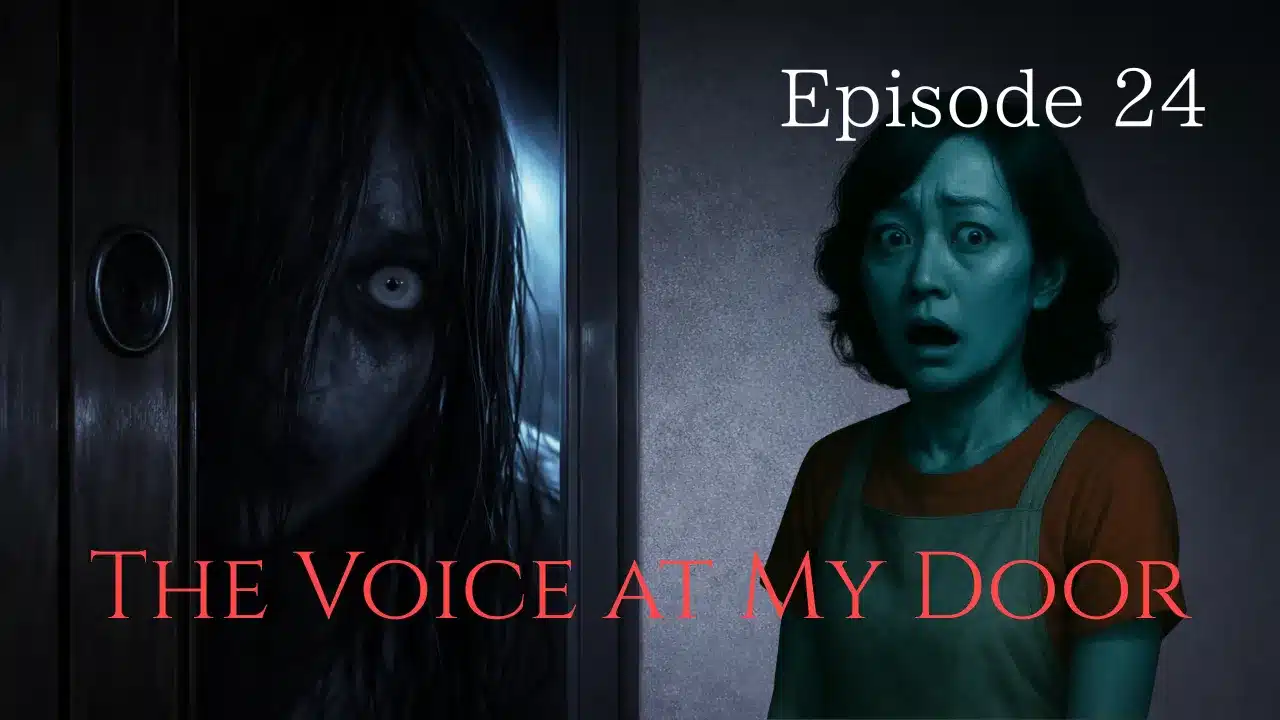 A ghostly figure peering through a half-opened door while a frightened woman stands inside her apartment.