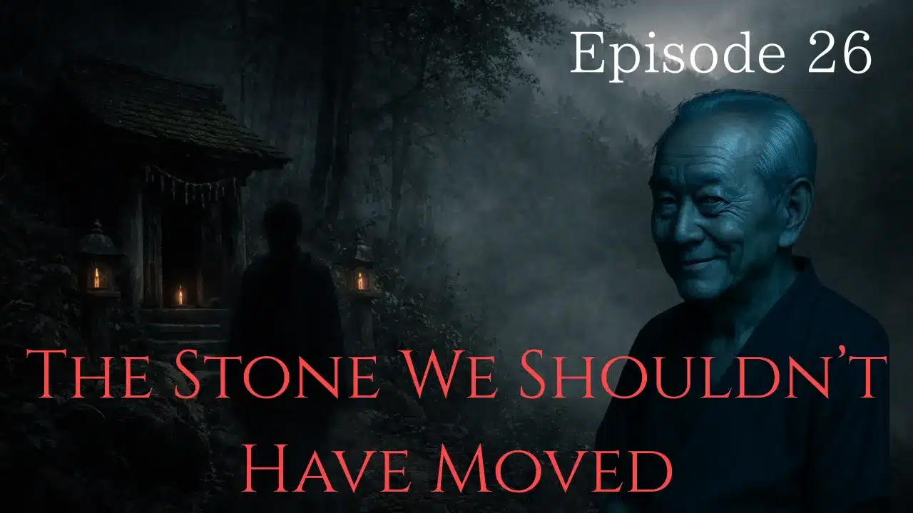 An old shrine deep in the forest with scattered stones, while a man in a striped jacket stands faintly in the shadows.