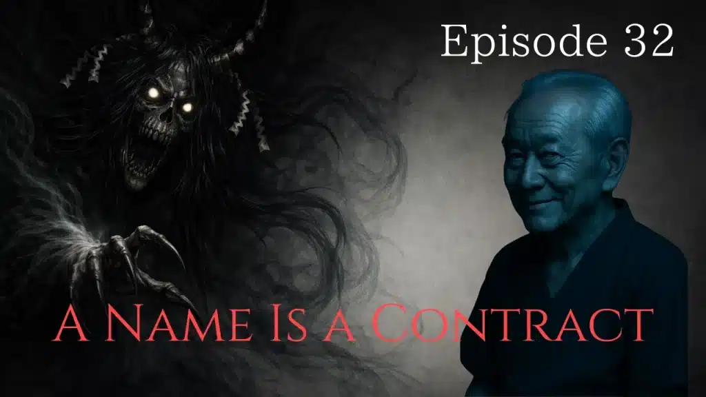 A demonic figure emerging from darkness as if summoned, while an old man calmly explains something unseen.