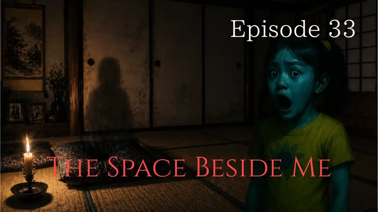 A dim tatami room with a candle casting a shadow where someone seems to be sitting, while a child looks on in fear.