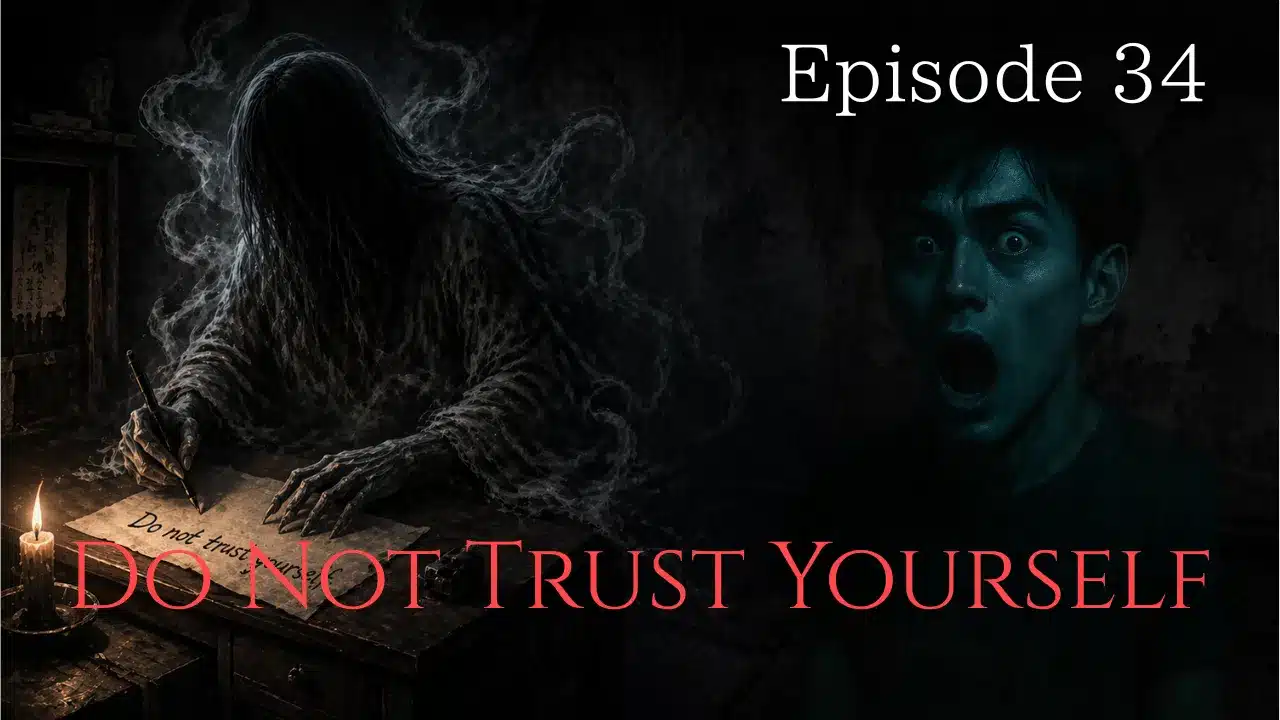 A shadowy figure writing a warning on paper in a dim room, while a man reacts in shock, suggesting his own actions may not be his own.