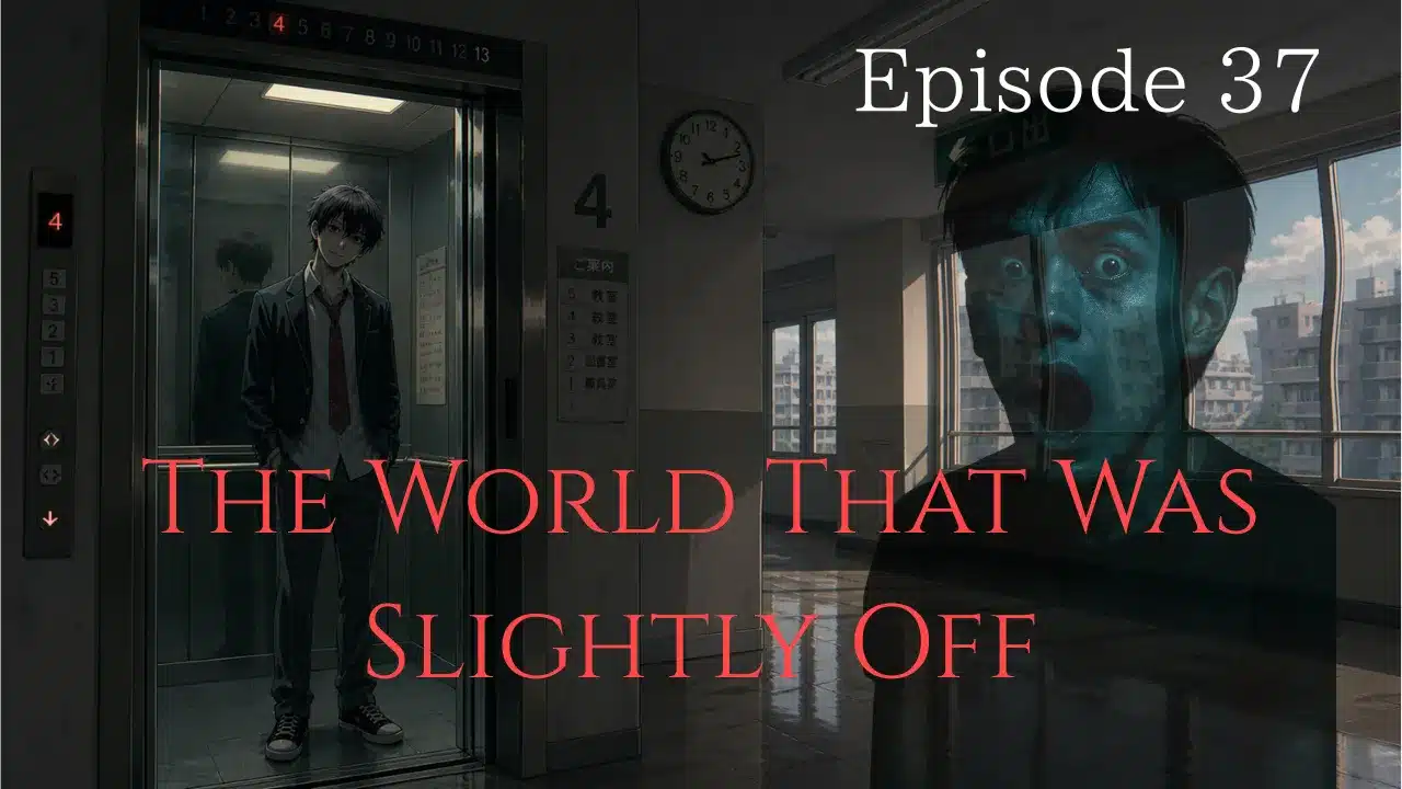 A young man standing inside an elevator while his reflection appears slightly different, suggesting he may not belong to the same world.