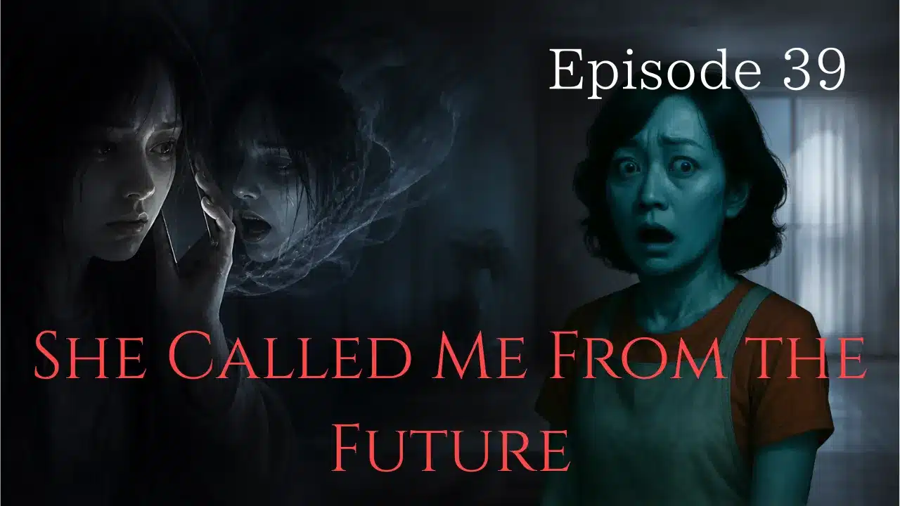 A woman holding a phone in fear while a ghostly version of herself whispers from behind, suggesting a call from another time.