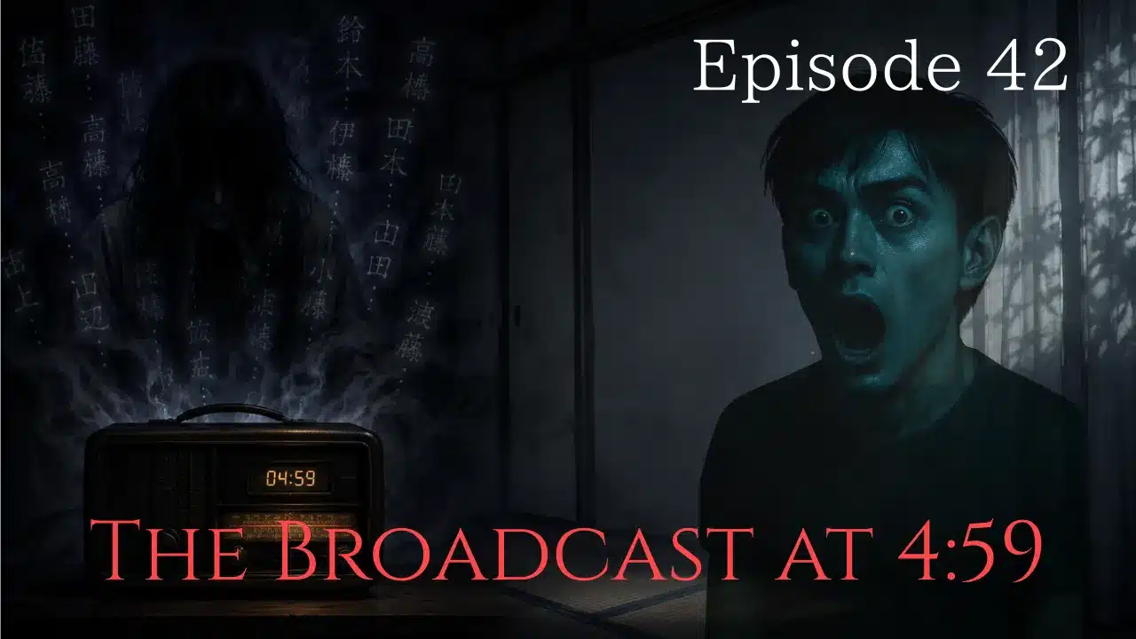 A ghostly woman looms behind an old radio displaying 4:59 while a terrified man stares in shock inside a dark room.