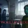 A frightened young girl stares in shock while her older self appears inside a haunted mirror in a dim classroom.
