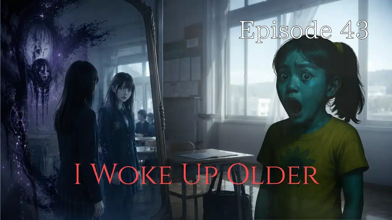A frightened young girl stares in shock while her older self appears inside a haunted mirror in a dim classroom.