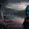 A mysterious woman stands in a dark river beside a drowned body while an old man watches silently in the distance.