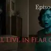 A shadowy woman peers through a half-open door while a terrified housewife stares at a mysterious package in a dark hallway.