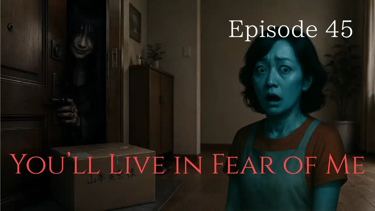A shadowy woman peers through a half-open door while a terrified housewife stares at a mysterious package in a dark hallway.