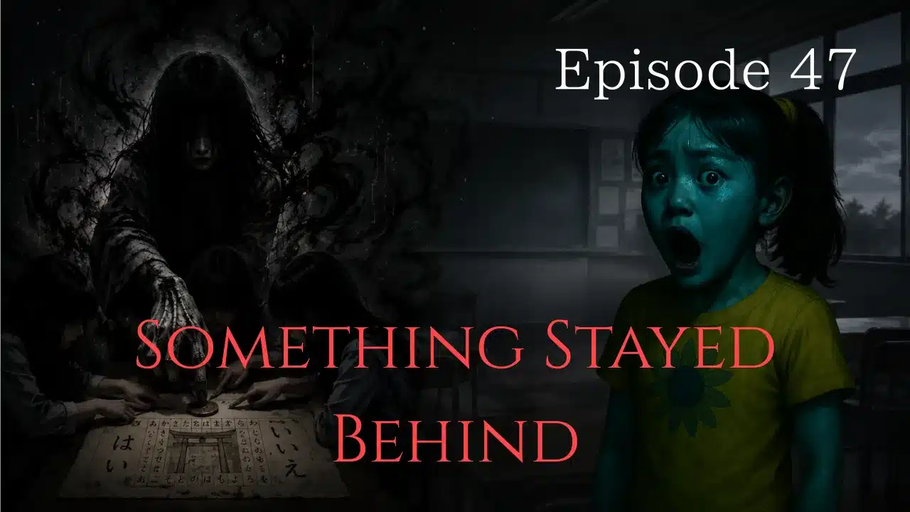 A dark spirit looms behind three girls playing Kokkuri-san in a dim classroom while one terrified girl stares in fear.