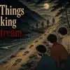 Four young men stare at mysterious human-like figures standing upstream beside a mountain river at night