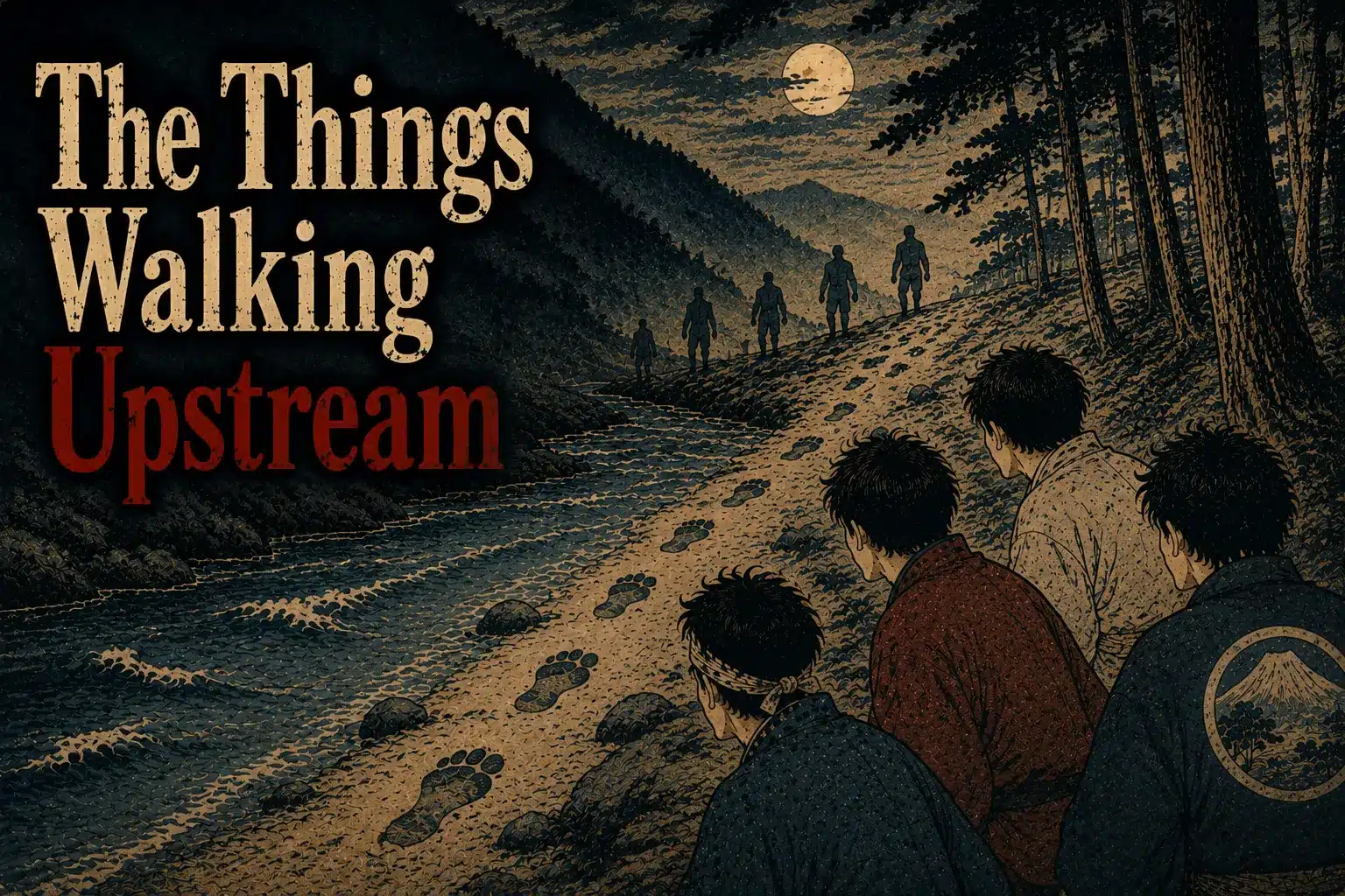 Four young men stare at mysterious human-like figures standing upstream beside a mountain river at night