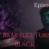 A cursed black bracelet surrounded by shadowy energy floats in darkness while a terrified young man stares in horror.