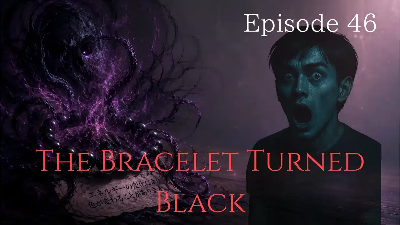 A cursed black bracelet surrounded by shadowy energy floats in darkness while a terrified young man stares in horror.